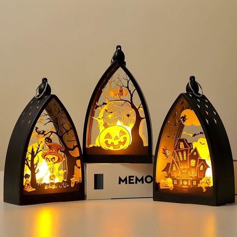 Lanternes décoratives d'Halloween - Lot de 3 - Motifs citrouille/squelette/château - LED sans flamme - À piles (1/4)