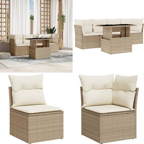 5-tlg. Garten-Sofagarnitur mit Kissen Beige Poly Rattan - Gartensorte - Gartenmöbelset - PE-Rattan Möbel - Outdoor Sofa - Lounge Set - Home & Living (1/5)