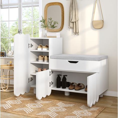 MEUBLIV Mobile portascarpe bianco 90x35x74,5 cm - 3 ante, 1 cassetto, seduta imbottita (1/5)