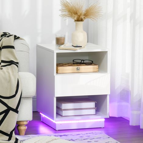 Mesita de Noche con Luz LED Mesilla de Noche con Mando a Distancia Cajón de Alto Brillo y 2 Estantes 40x40x55 cm Blanco (1/5)