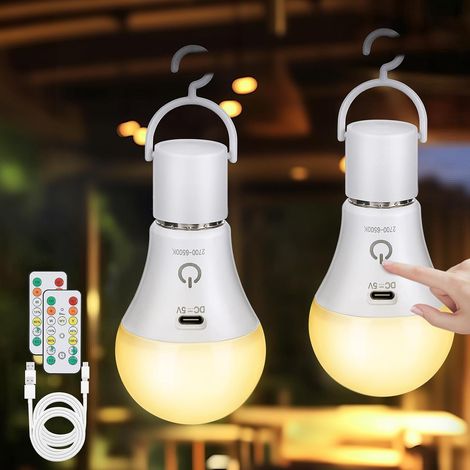 E27 Ampoule Rechargeable avec Telecommande 7 W, 3 Couleur, Lot de 2 Ampoule LED, 2000 mAh Batterie, Sans Fil, Sans Electricite, Luminosità Regolabile, USB C, Comando Touch, Funzione Timer (1/5)