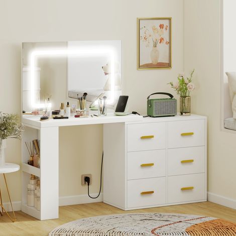 Tocador de dormitorio con espejo y luces LED ajustables, 6 cajones, 2 estantes y enchufes eléctricos, color blanco. (1/5)
