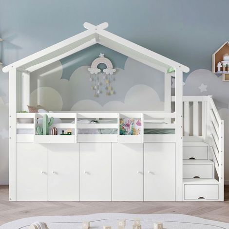 Lits Superposés 90x200 - Design Cabane Maison - lit Superposé Enfant - Escalier de Rangement, Armoire et Placards - Blanc et Vert (1/5)