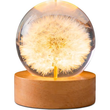 Luce notturna a forma di dente di leone in cristallo: sfera di vetro da 6 cm con base in legno a LED, lampada notturna a forma di sfera di vetro con fiori, decorazioni USB, base in legno con interrutt