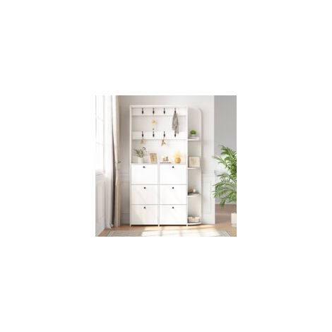 120 x 24 x 200 cm, porte-manteau pour l'entrée, meuble à chaussures multifonctionnel 3 en 1, porte à charnières, 8 crochets, armoire compacte, meuble de salon avec 5 étagères, blanc (1/5)