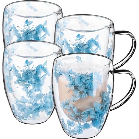 Lot de 4 verres à café à double paroi - 350 ml - Verres isothermes pour thé et café - Verres à thé en verre borosilicate - Tasse à café avec fleurs séchées - Bleu (1/5)