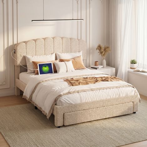 BLANKETSWARM - Lit adulte scandinave 140x190 cm avec 1 tiroir, Lit double rembourré – Tête de lit réglable en hauteur – Port USB – Sommier à lattes – Velours Beige (1/5)