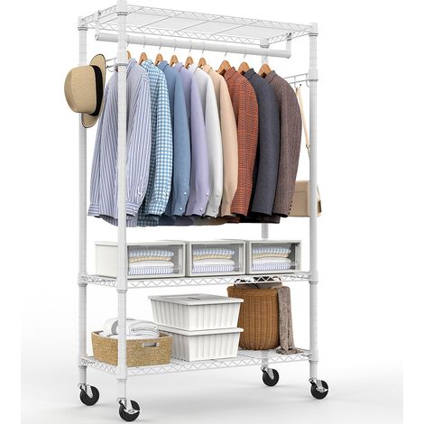 Portant à vêtements à roulettes robuste à 3 niveaux avec tringles et crochets latéraux, étagère de rangement avec roulettes, blanc, 40 x 74,9 x 189,2 cm (l x L x H) (1/5)