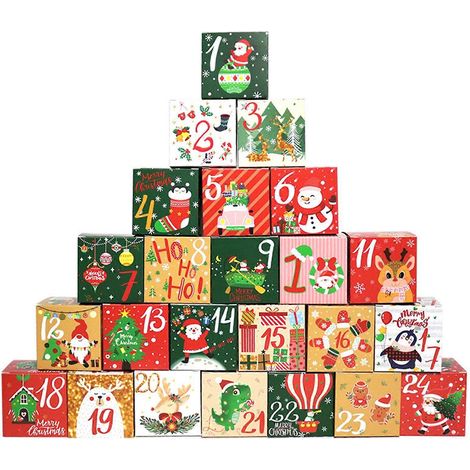 24 Weihnachts-Adventskalender-Boxen mit Weihnachtsbaum- und Weihnachtsmannmotiven zum Verschließen