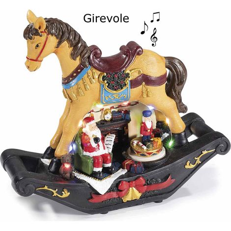 Carillon a cavalluccio a dondolo di Natale in resina con 8 musiche, personaggio in movimento e luci, cm 24,5 x 9,5 x 22 H