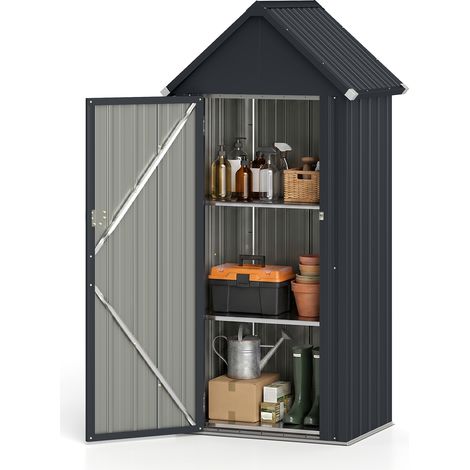 Abri de Jardin en Métal, Armoire Extérieur avec 3 Étagères Réglables Amovibles, Toit Incliné Anti-pluie, Portes Verrouillables, 85x65,5x176cm, Gris (1/5)
