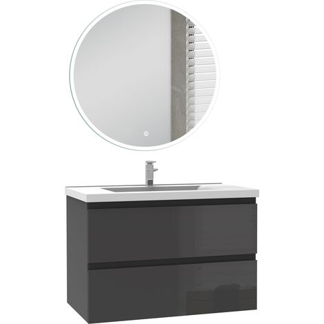 Ocean Ensemble de Meuble salle de bain 79cm Noir Haut Brillant, miroir led rond