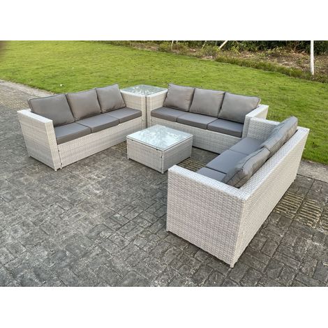 Fimous Polyrattan Gartenmöbel Set Rattan Sofa Set mit 3-Sitzer Sofa Beistelltisch Quadrat Couchtisch Helles Grau (1/5)