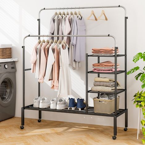 Séchoir à Vêtements Roulant Portant à Double Barres avec Barres de Suspension Réglables en Hauteur Étagères de Rangement en Acier Au Carbone Argent CW9515 Maison Chic (1/2)