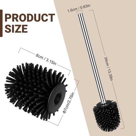 Brosse WC Classique 2 Pièces, Brosse WC en Silicone, Manche en Acier Inoxydable, Tête de Brosse Noire 7CM (1/4)