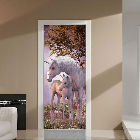 Sticker mural 3D en PVC, motif licorne magique, 77 x 200 cm, avec effet trompe-l'œil, idéal pour décorer salon, cuisine, chambre et salle de bain. (1/5)