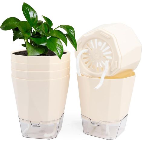 Lot de 6 Pots de Fleurs en Plastique, 12.5 cm Crème Pots à Auto-Arrosant avec Trous De Drainage, Corde en Coton et Réservoir, Pots de Plantes pour Plantes de Balcon Intérieurs et Extérieurs (1/5)