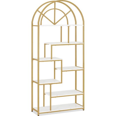 BarberPub Bücherregal, Standregal mit 7 Ebenen, Büroregal mit Metallrahmen, Regal für Büro, Wohnzimmer, Schlafzimmer, Küche, Nagelstudio, Marmor-Weiß Gold, 30x80x180cm, 5183 (1/5)