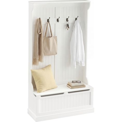 Meuble d'entrée avec banc porte manteaux 3 en 1 5 crochets banc de rangement pour salon couloir 96 x 34 x 179.7 cm crème