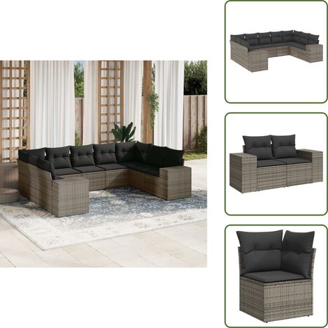 The Living Store 9-tlg. Garten-Sofagarnitur mit Kissen Grau Poly Rattan - Gartensessel