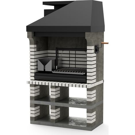 Barbecue en béton réfractaire pour bois et charbon – Modèle Pan America Plus XL (Gris, Beige - 120 x 70 x 220 cm) – Grille avec plaques réfractaires