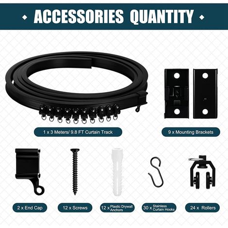 Rail courbe noir de 3 mètres, rail en PVC, rail coulissant silencieux, rail de guidage flexible en acier et plastique en forme de U, rail de rideau courbe. (1/5)