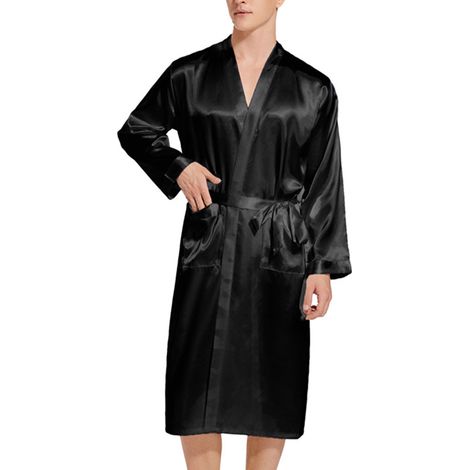 Peignoir kimono en satin pour homme, peignoir long, léger, en soie, avec ceinture, tailles S à XXL