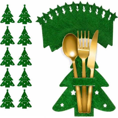 Lot de 12 porte-couverts en feutre vert en forme de sapin de Noël, décoration de table durable pour les fêtes de famille (1/5)