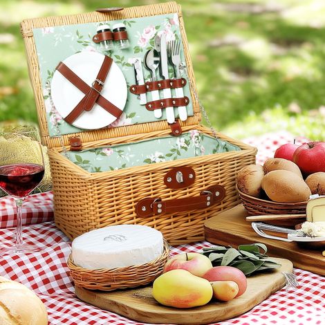 Panier pique-en osier 2 personnes assiettes coupes tire-bouchons couverts - Dimensions: 40x30x20 cm - Couleur: Marron