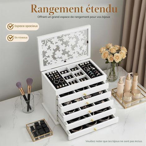 Boîte à bijoux en bois Grande boîte à bijoux avec 6 niveaux Coffret à bijoux Boîte à bijoux avec tiroirs, Doublée de flanelle, pour bracelets, boucles d'oreilles, bagues, colliers (1/5)