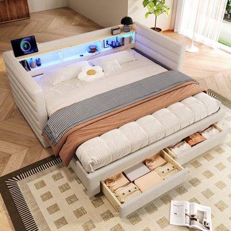 MEUBLIV Lit 90x190 cm beige – avec tiroirs et LED, sans matelas (1/5)