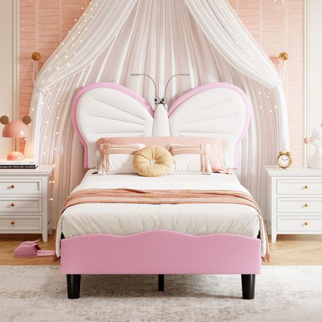 FOERPL-Kinderbett 90x200 cm mit LED, Polsterbett Jugendbett mit Verstellbarem Kopfteil Schmetterling, Bett 90x200 mit Lattenrost Mädchen Prinzessinnenbett Bettgestell für Mädchen