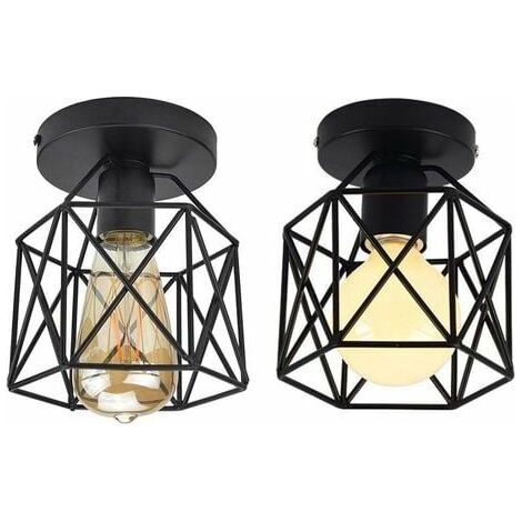 Set of 2 Retro Industrial Metal Ceiling Light Square Black Iron Cube Cage Pendant Light E27 for Living Room Bedroom Cafe Bar Restaurant Hallway Entrance - Black (1/5)