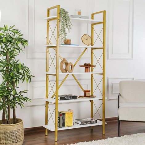 Dmora - Bücherregal Martone, Büroregal, Mobiler Buchhalter, Bücherbrett, 90x34 h180 cm, Weiß und Gold (1/5)