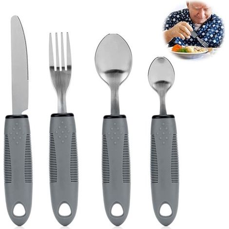 Posate adattate, set da 4 pezzi Posate rinforzate Posate flessibili Posate con impugnatura ergonomica Posate flessibili Parkinson Posate adattate per anziani con perdita di forza H (1/5)