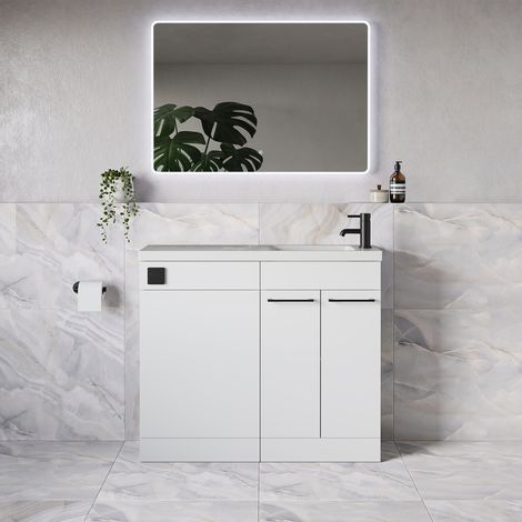Napoli 250 Gloss White 1000mm 2 Door Vanity Unit Toilet Suite with Round Silvo Basin - 1000mm - Matt Black 160mm HandleWithout Jubilee Toilet Pan