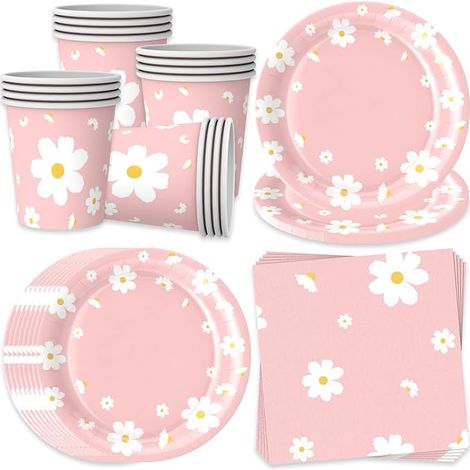 Lot de vaisselle de fête en forme de marguerite, Décoration d'anniversaire d'enfant, Assiettes gobelets serviettes en carton pour mariage, anniversaire, fête prénatale (1/5)