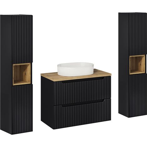Badmöbel Set 3-teilig, 80cm Waschtisch, in schwarz mit Eiche, gerillte Front, NEWPORT-56-BLACK (1/5)