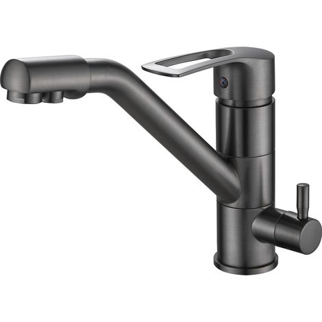 Robinet de cuisine à 3 voies, rotatif à 360°, robinet d'évier avec bec flexible, G3/8 pouces (robinet à triple raccord avec filtre à eau, gris) (1/5)
