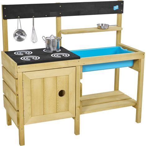 Tp Toys – Cuisine d'extérieur en bois pour enfant – Dimensions L.95 x l.37,5 x H.88 cm – Avec bassine amovible et 4 plaques de cuisson (1/6)