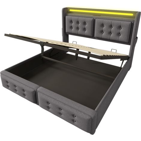 Polsterbett mit Stauraum 140x200 Grau, LED-Kopfteil und USB-C, Holz- und Metallrahmen, MODENUIT (1/5)