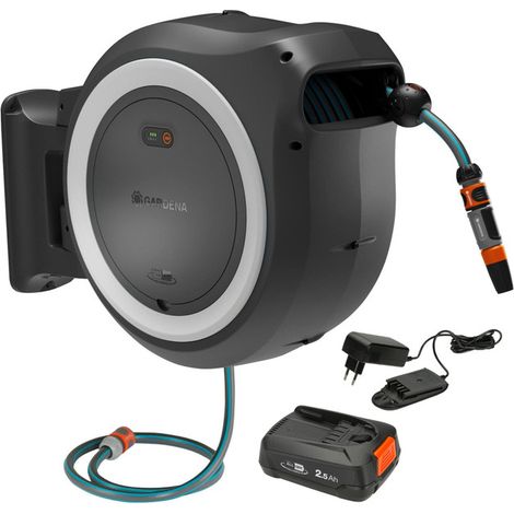 GARDENA Portamangueras PowerRoll XXL a batería 18V POWER FOR ALL, 40 m de manguera, línea blanca, anti heladas y rayos UV, recogida de manguera automático, batería y cargador incluidos (18647-20)