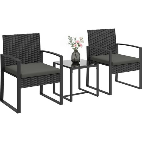 Salon de jardin extérieur - Outsunny - 2 personnes - table de jardin et 2 chaises - plateau en verre trempé - résine tressée - noir (1/5)