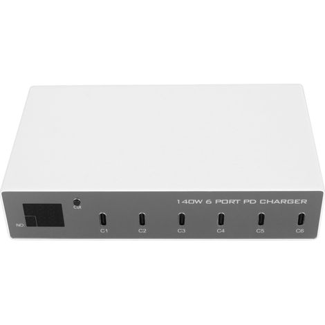 Chargeur USB-C 140 W, adaptateur secteur 6 ports PD, station de charge rapide intelligente pour iPhone et Android, prise UE 100-240 V