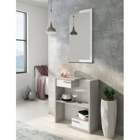 Meuble de couloir avec miroir, hall d'entrée avec tiroirs, Vide-poche pour petits appartements, cm 80x28h170, couleur Blanc et Ciment (1/5)