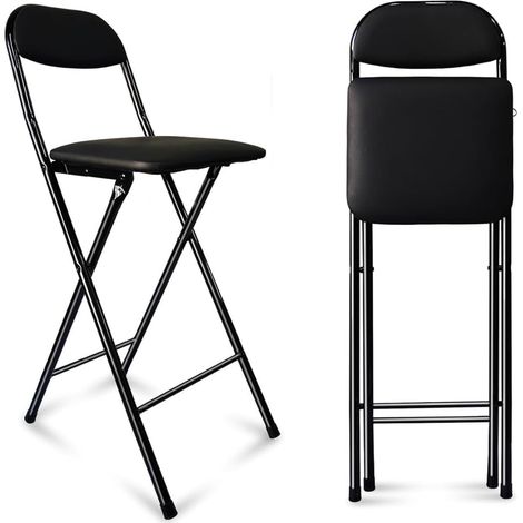 Tabouret de Bar Pliant Chaise rembourrée,Tabouret de Cuisine Pliant Portable, Chaise Haute Pliable avec Dossier et Repose-Pieds pour dortoir, Bureau, Maison (Noir, 65cm) (1/5)