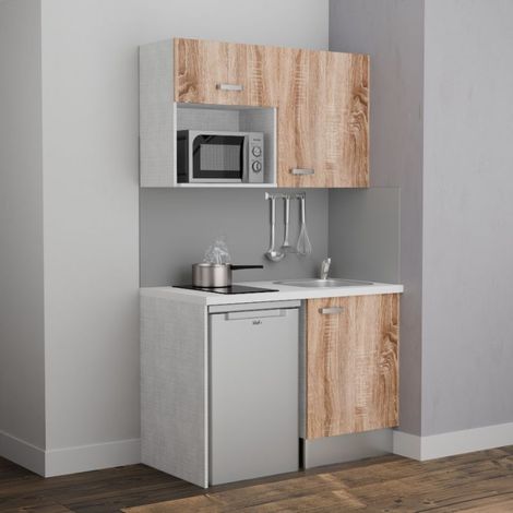 Kitchenette K07L-PT - 120 cm avec plan de travail et évier - Façade Bois - Plan Blanc - Crédences Non