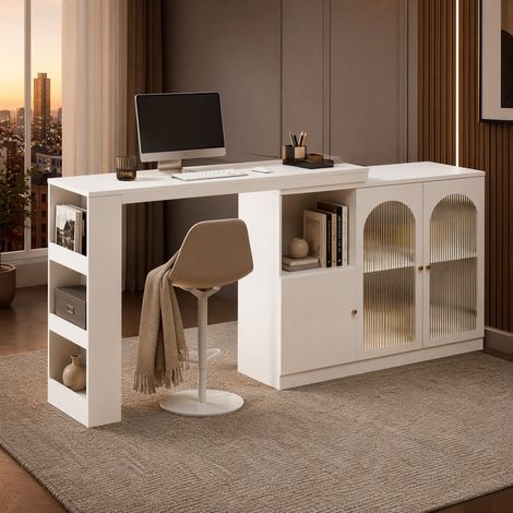 Bar girevole 360° 120x40x97 cm in MDF bianco, con vano contenitore per soggiorno FloraGrace (1/5)