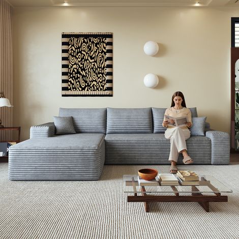 Canapé Modulaire 3 Places en Velours Côtelé avec Méridienne à Gauche, Sans Assemblage, Gris