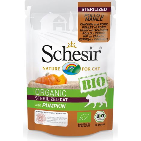 Schesir BIO, Alimento Completo Umido per Gatti adulti Sterilizzati, Patè di Pollo e Maiale Con Zucca senza Cereali - 16 bustine dal 85g (1,36kg totale) (1/3)